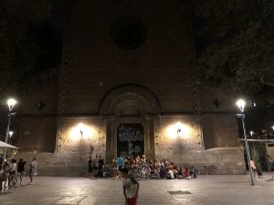 Church at night on Barcelona's Plaça de la Virreina.