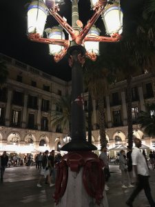 Close up of one of Antoni Gaudí's lampposts in Barcelona's Plaça Reial