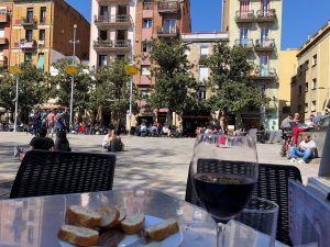 Catalunya Barcelona film photo of Plaça del Sol Barcelona with wine and bread in the sun