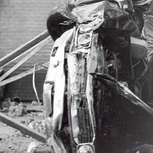 Carrero Blanco's car wrecked after a bomb explosion.
