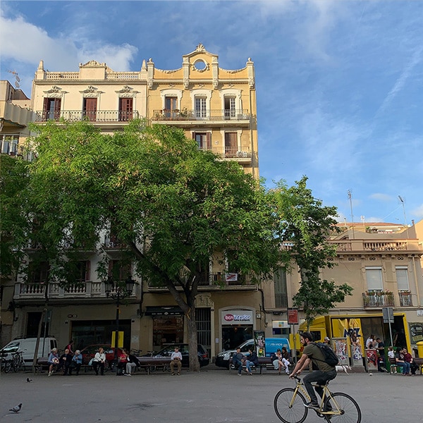 Barcelona's Plaça de la Vila de Gràcia on a sunny day.