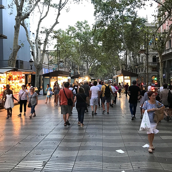 Photo of Las Ramblas, Barcelona at dusk.