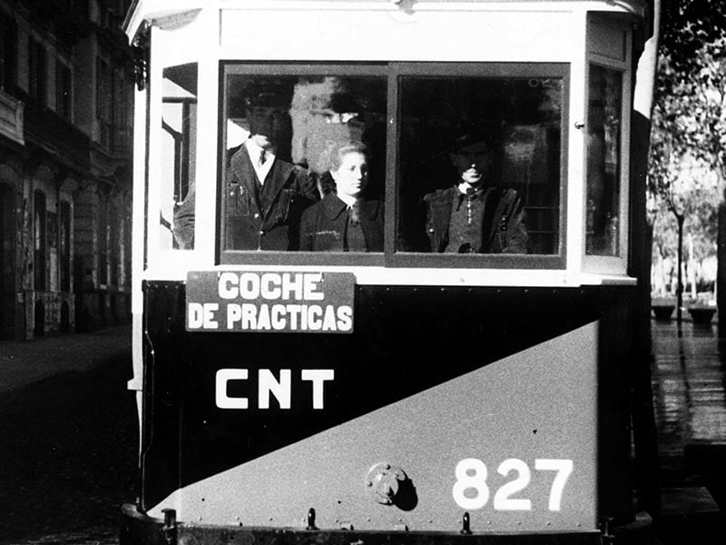 1936 - Woman working as tram operator in Barcelona during Spanish Civil War.