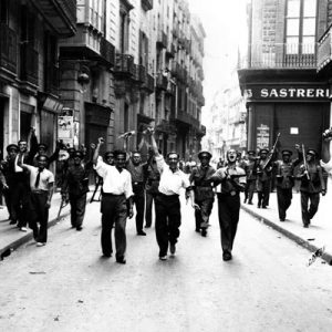 Local Barcelona workers marching the street during the Spanish Civil War