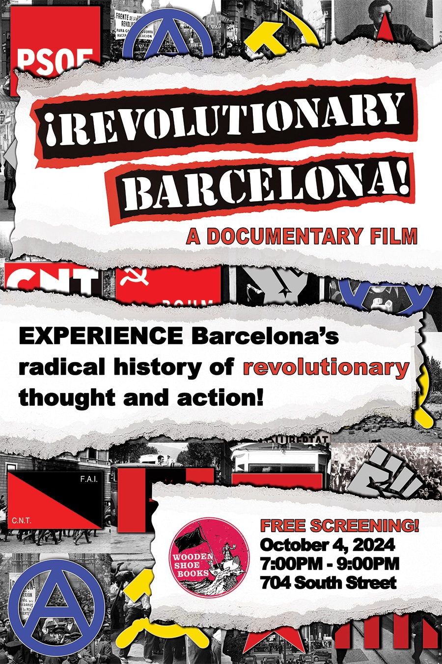 Movie poster promoting the screening of Revolutionary Barcelona at Wooden Shoe Books